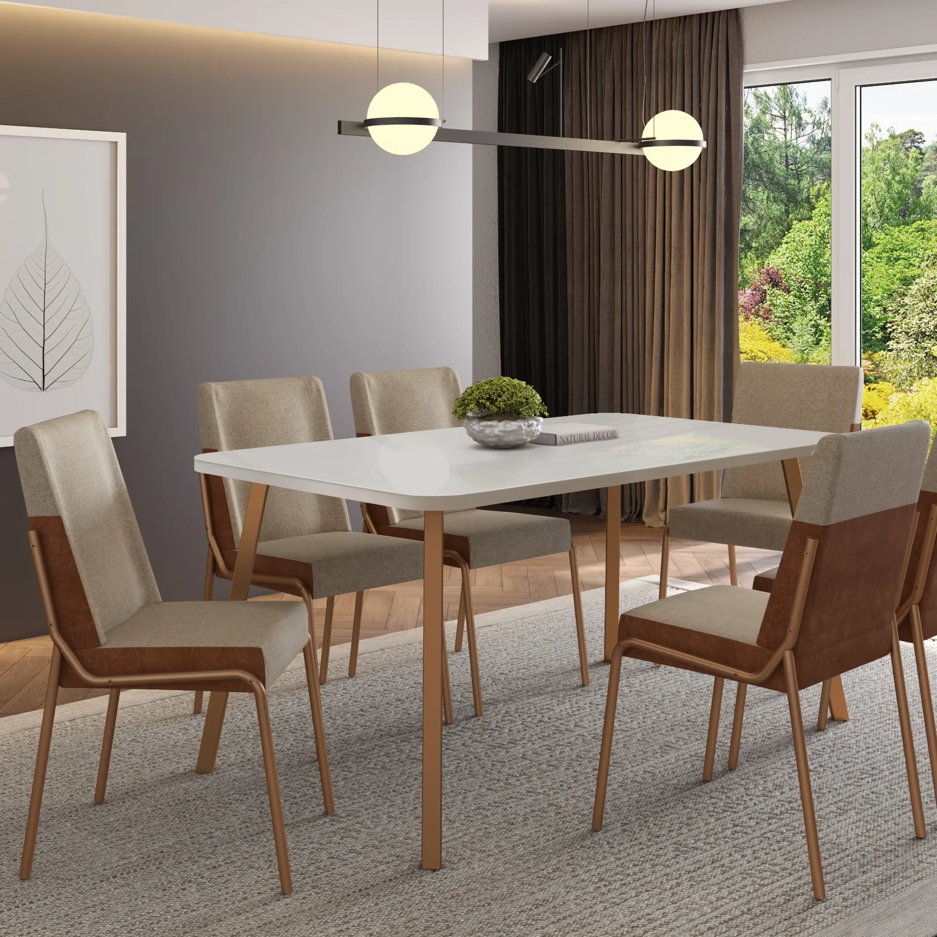 Mesa Ariel Recta Grande de Vidrio Off White Base Rose