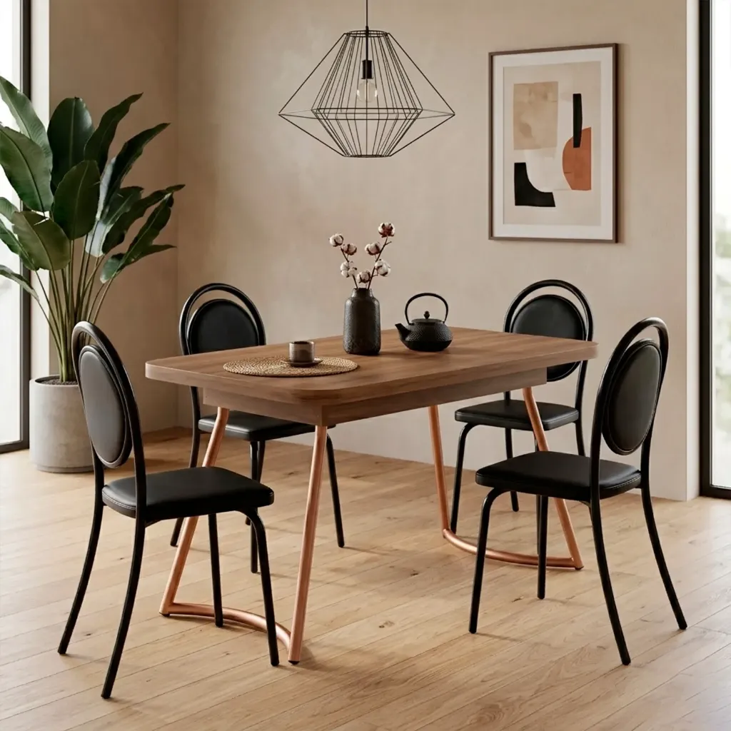[1604 MESA RECTANGULAR PEQUEÑA TAPA NOGAL/FREIJO BASE ROSE] Mesa Evora Recta Pequeña Tapa Nogal Freijo Base Rose