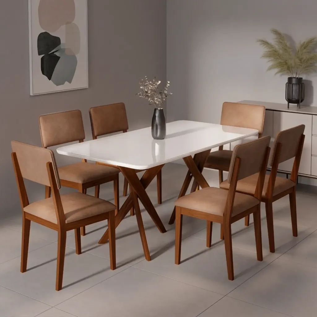 Mesa Cacau recta 180cm con Vidrio | Madera - Off White