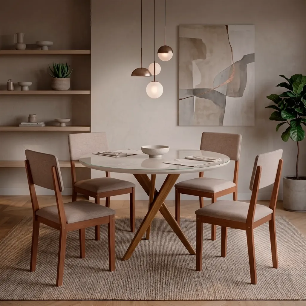 Mesa Cacau orbe 109cm con Vidrio | Madera - Off White