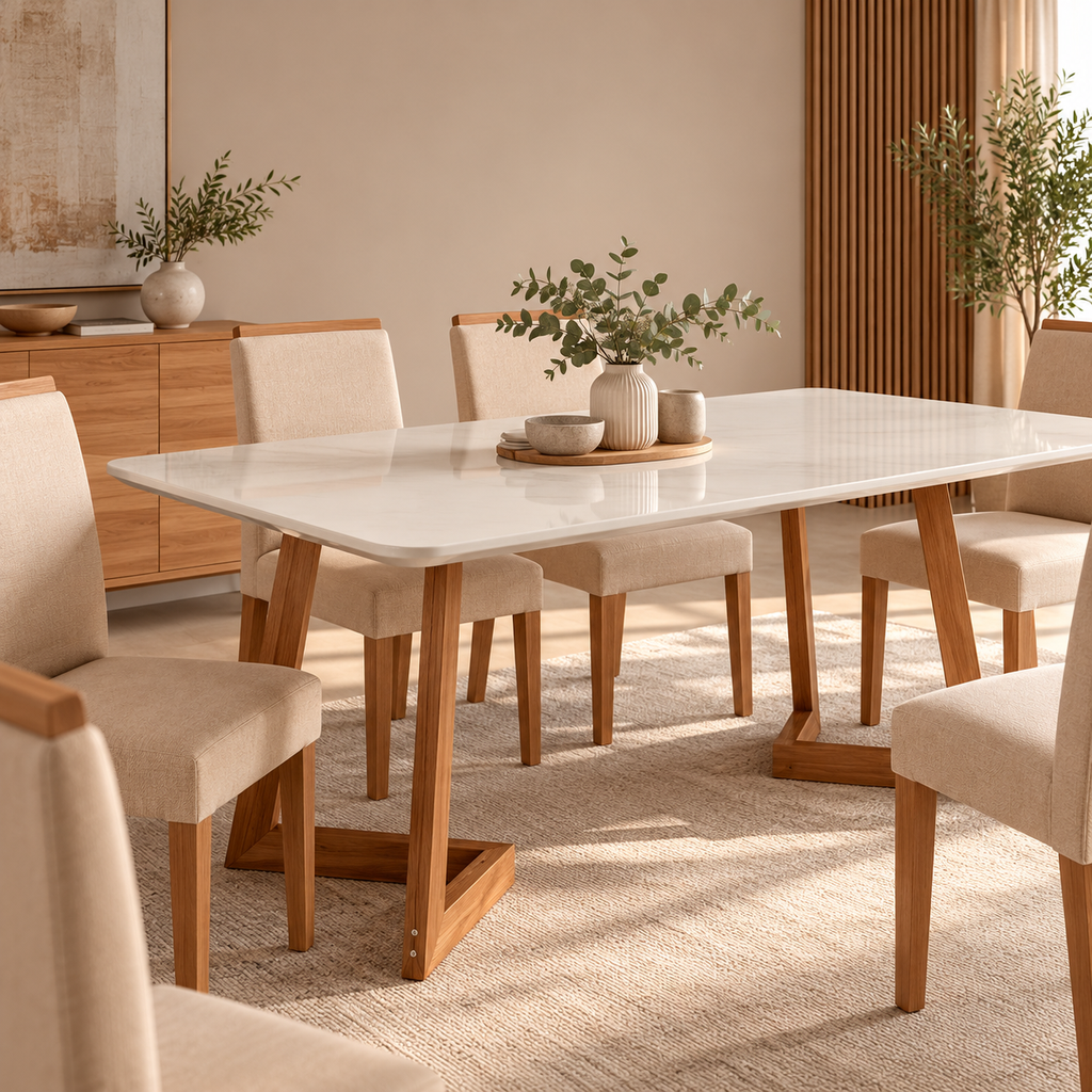 Mesa Caju recta 180cm con Vidrio | Madera - Off White