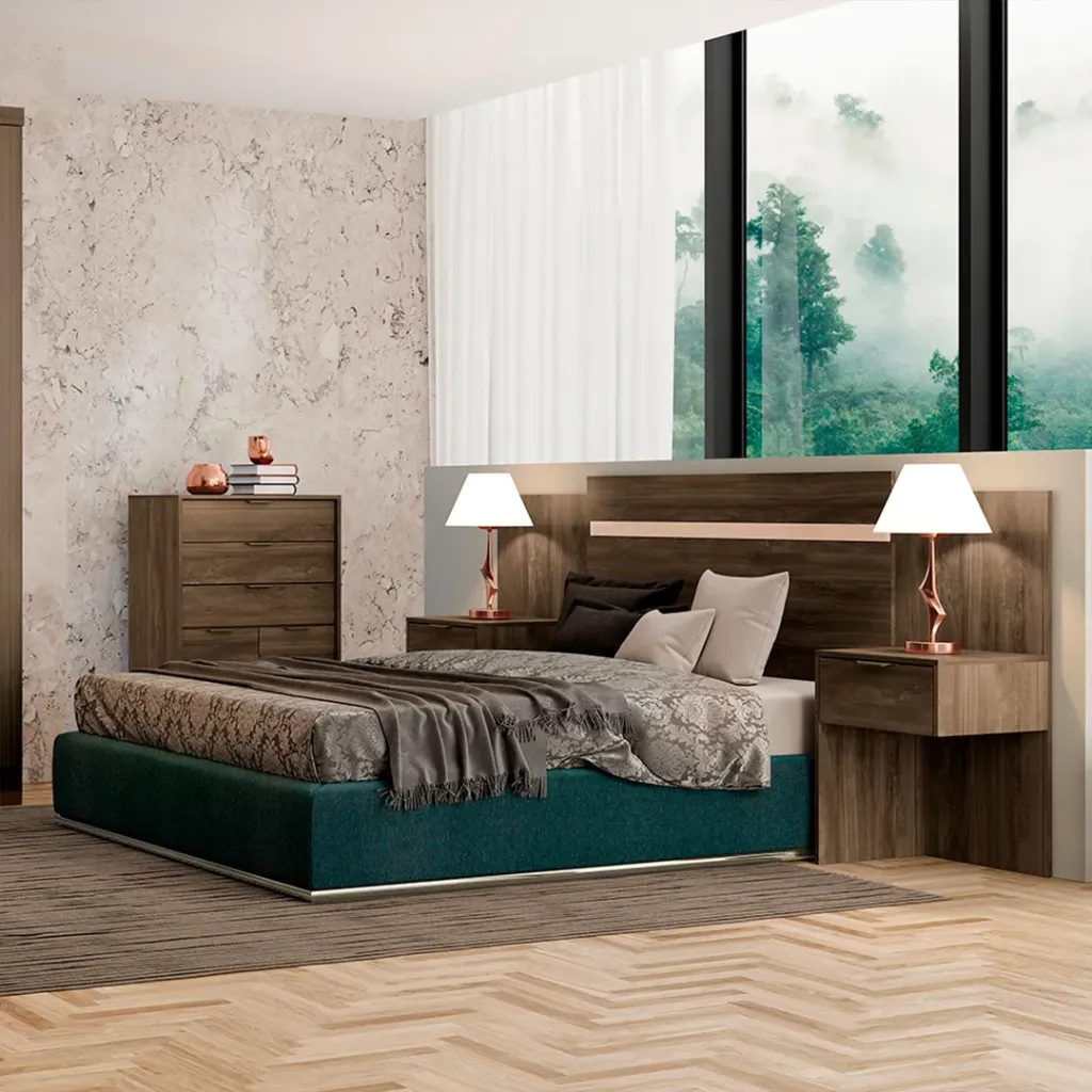 [1114 CABECERA CON NICHO COLOR LEGNO] Espaldar Nexo Legno Extensible hasta 2,5 Plazas + 2 Veladores